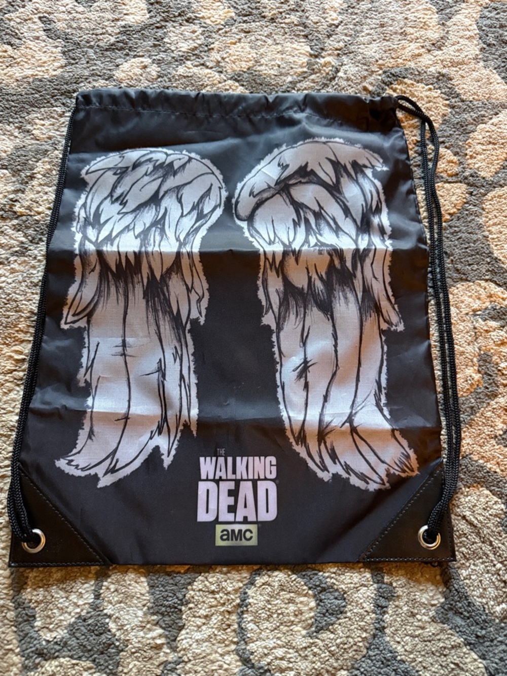 The Walking Dead Black Drawstring Backpack with Angel Wings Graphic
